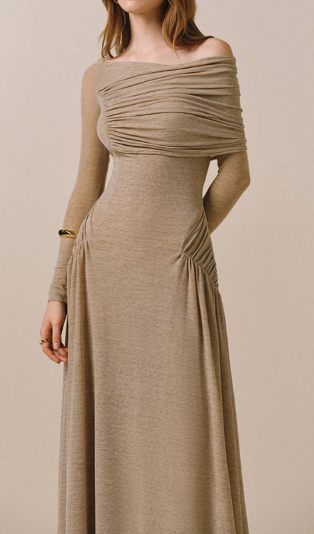 Gaia Elegant Ruched Off-Shoulder Long Sleeve Maxi Dress