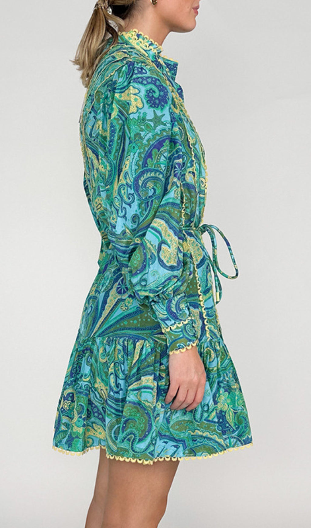 Vibrant Paisley Ruffle Long Sleeve Mini Dress