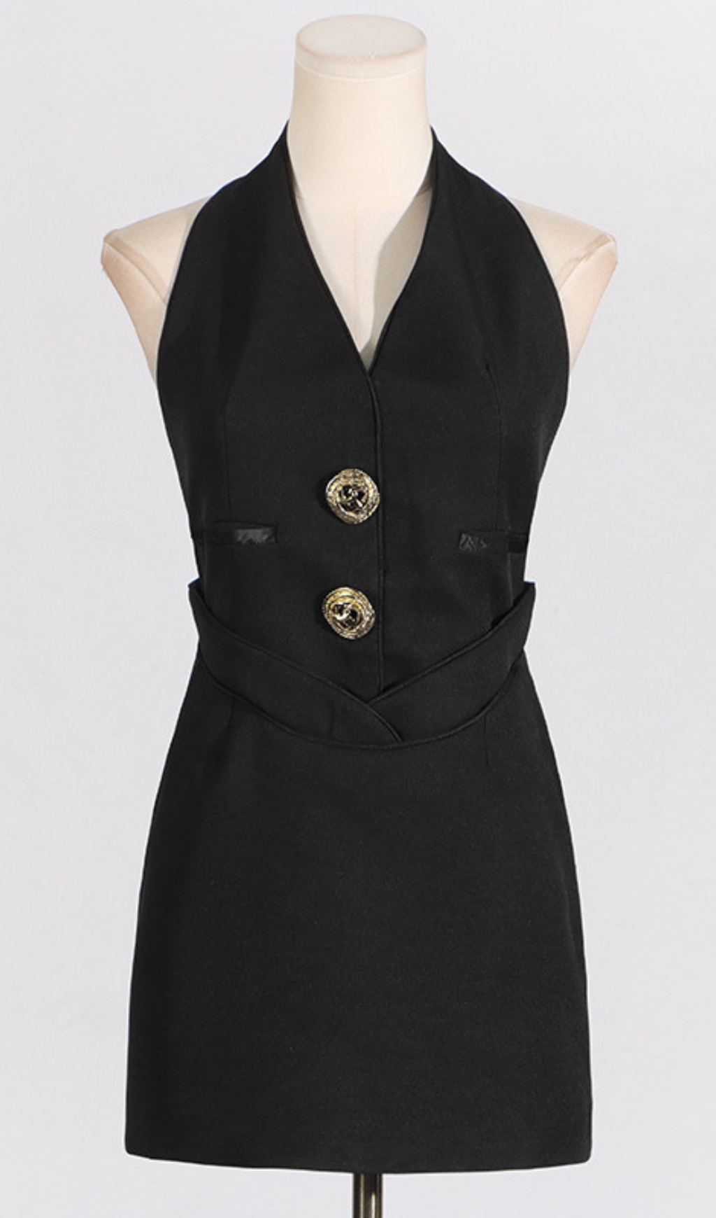 Gwydion Chic Black Halter Mini Dress with Gold Buttons