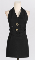 Gwydion Chic Black Halter Mini Dress with Gold Buttons