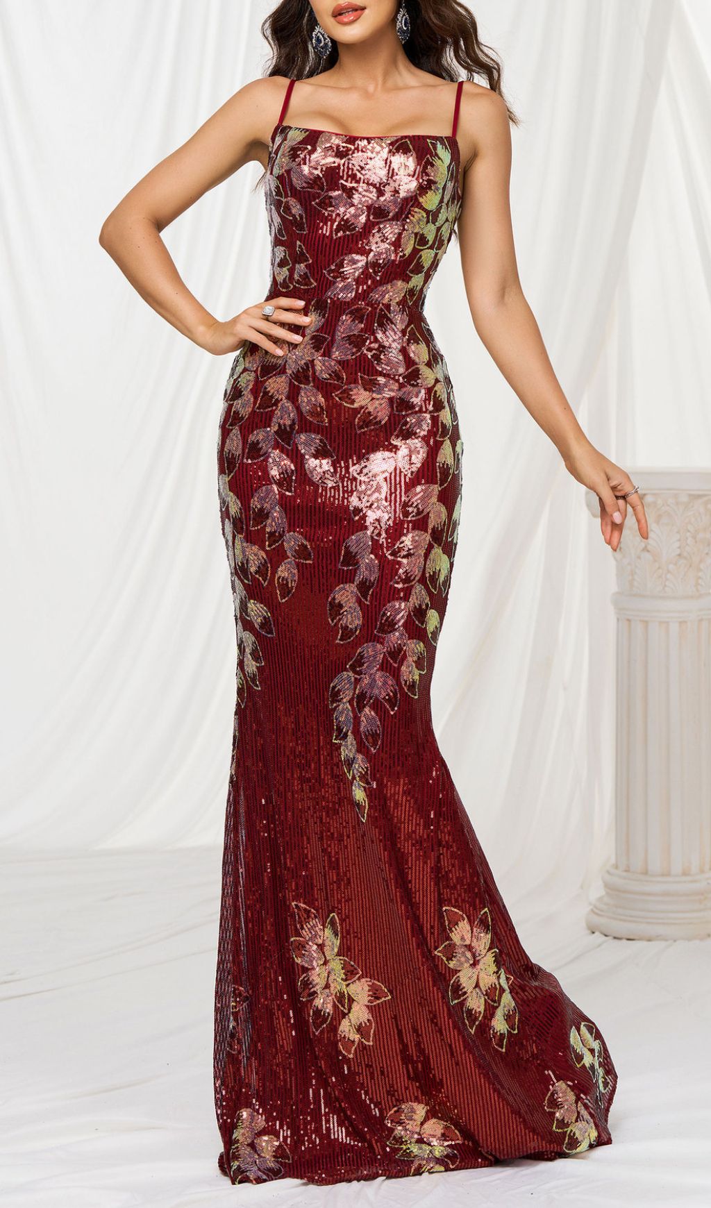Fiora Wine Red Floral Sequin Strappy Maxi Gown