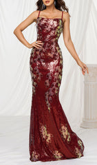 Fiora Wine Red Floral Sequin Strappy Maxi Gown