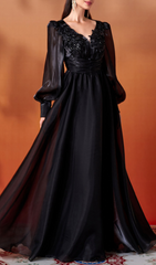 Gelilah Black Embellished Maxi Gown with Sheer Statement Sleeves
