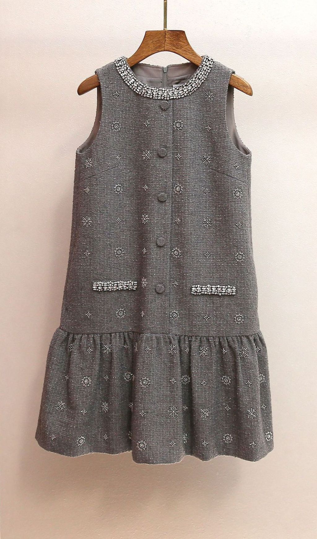 Hasana Sparkling Grey Tweed Sleeveless Mini Dress with Crystal Embellishments