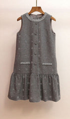 Hasana Sparkling Grey Tweed Sleeveless Mini Dress with Crystal Embellishments