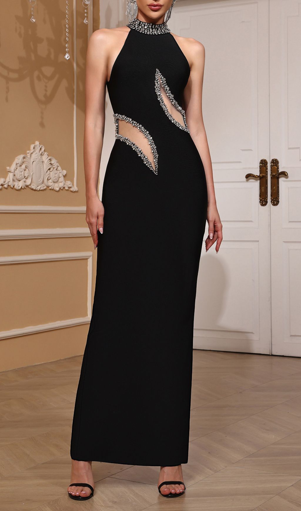 Freyja Glamorous Black Diamante Halter Cut-Out Bandage Maxi Dress