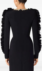 Hallie Crystal & Ruffle Sleeve Black Midi Dress