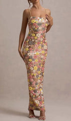 Gershon Elegant Floral Sequin Strappy Maxi Dress