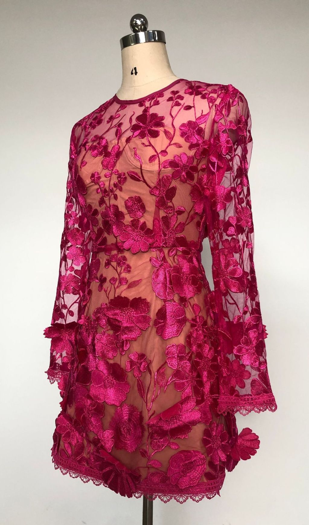 Iban Hot Pink Floral Embroidered Long Sleeve Mini Dress
