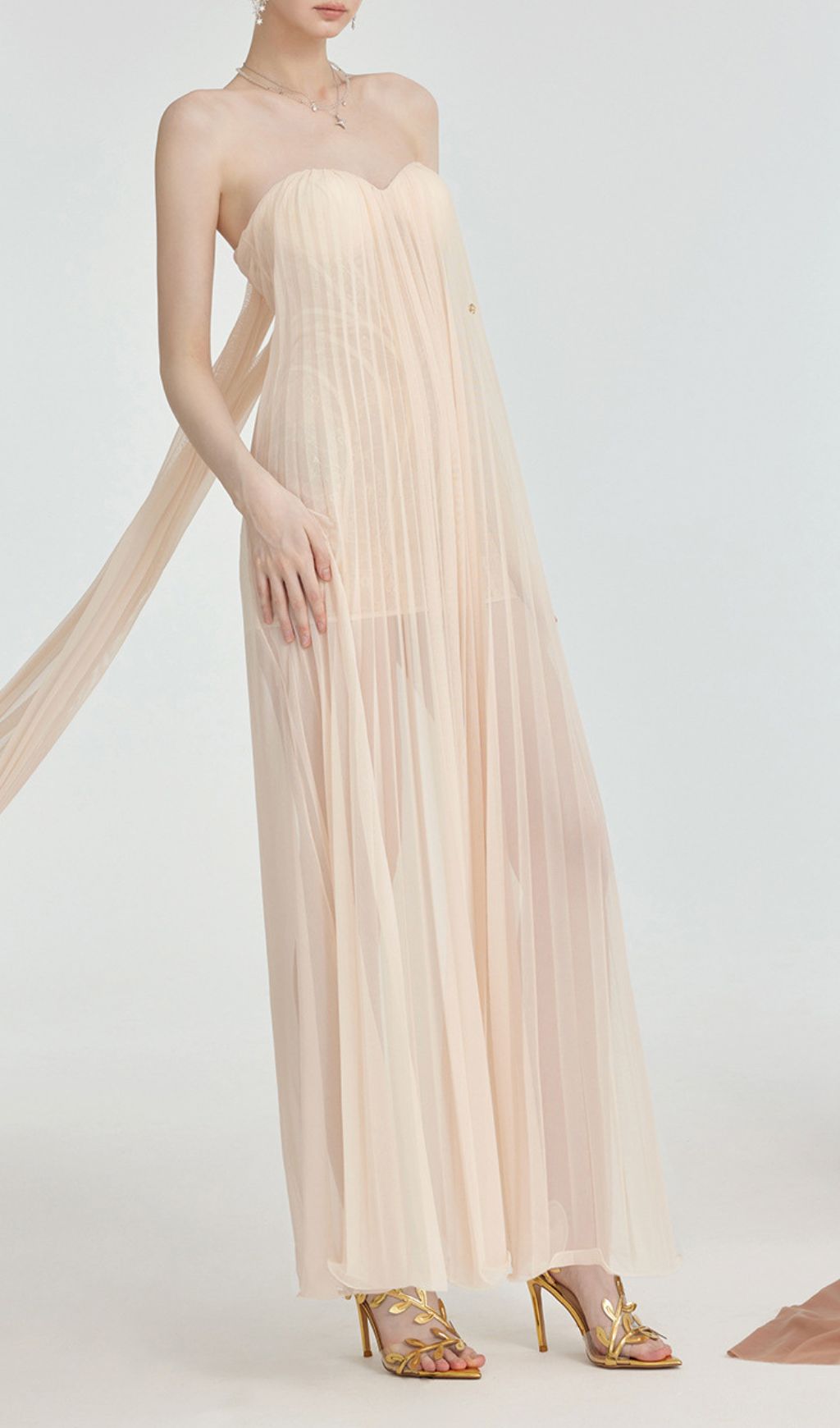 Fintan Apricot Strapless Pleated Mesh Maxi Dress