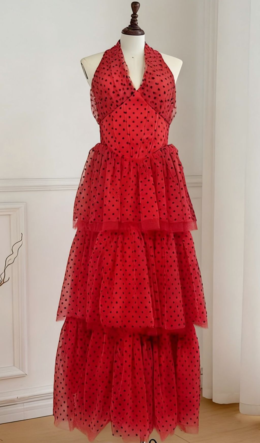 Janika Red Polka Dot Halter Tiered Maxi Dress