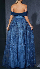 Dionne Enchanting Navy Off-Shoulder Embroidered Maxi Gown