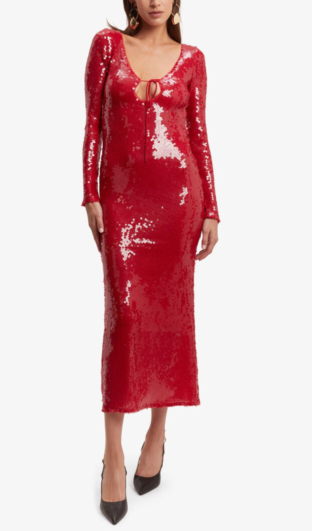 Betsy Glamorous Red Sequin Long Sleeve Midi Dress