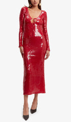 Betsy Glamorous Red Sequin Long Sleeve Midi Dress