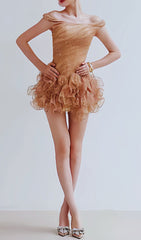 Ismene Sparkling Gold Off-Shoulder Ruffle Mini Dress