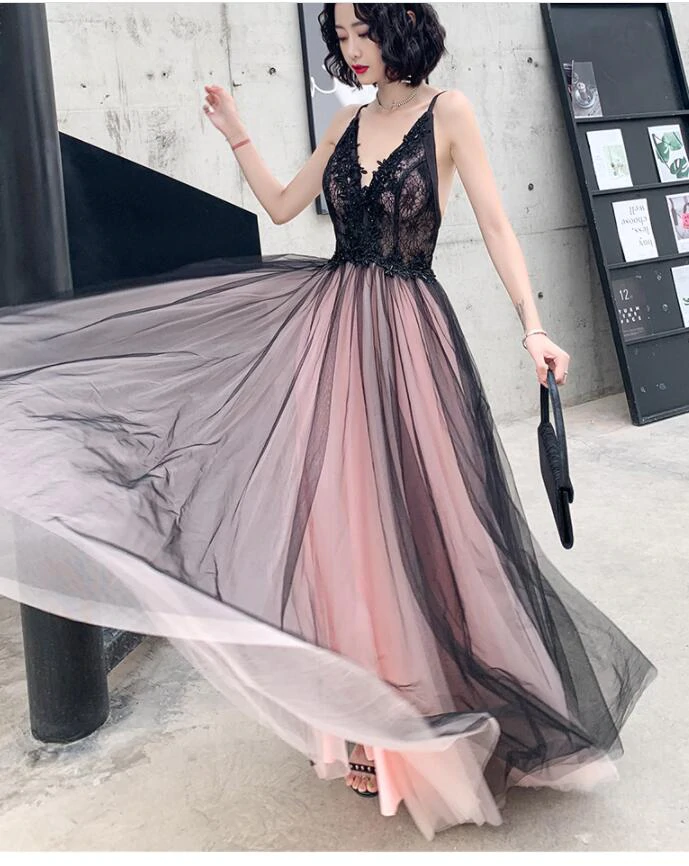Vestidos formales largos de tul con encaje elegantes en rosa y negro 