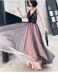 Vestidos formales largos de tul con encaje elegantes en rosa y negro 