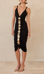 Brylie Black V-Neck Ruched Midi Dress