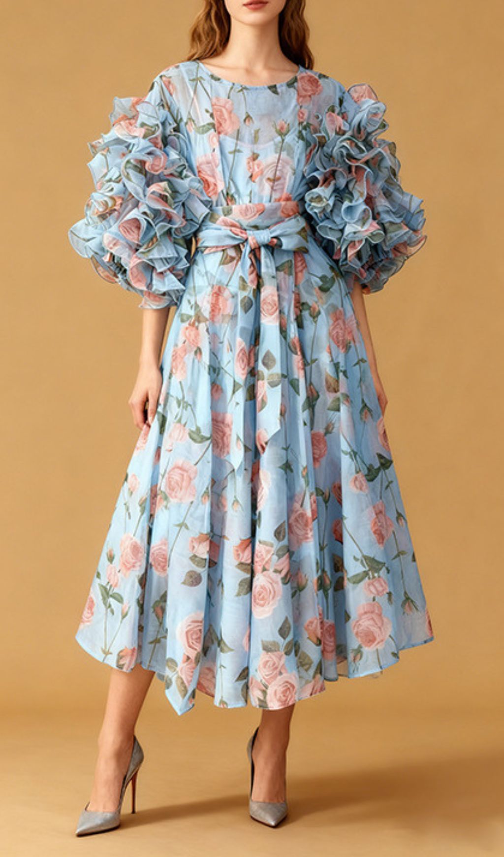 Jordin Romantic Ruffle Sleeve Floral Midi Dress