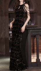 Chiyoye Black Sequin Halter Maxi Gown