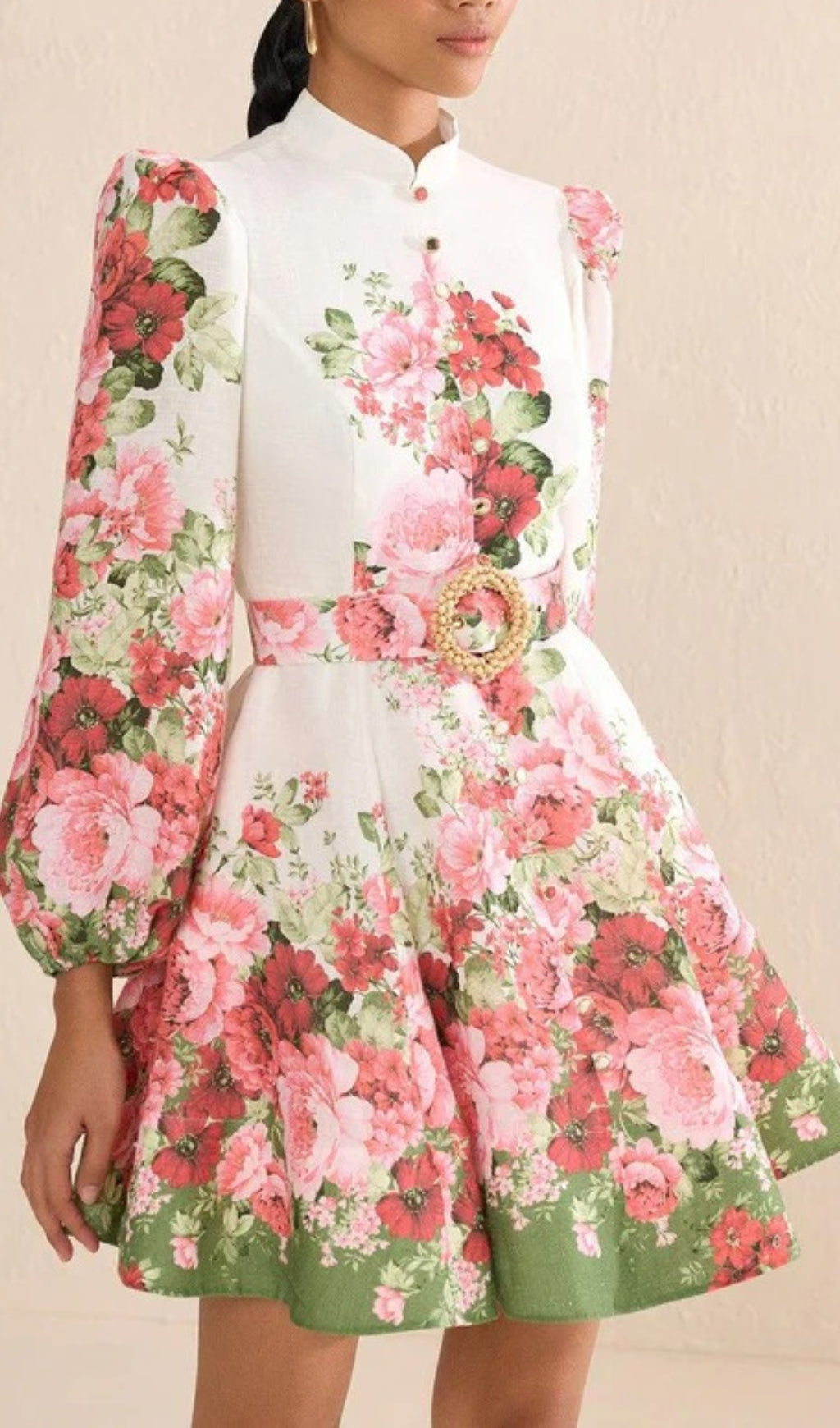 Branwen Chic Floral Mini Dress with Mandarin Collar & Belt