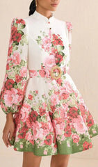 Branwen Chic Floral Mini Dress with Mandarin Collar & Belt