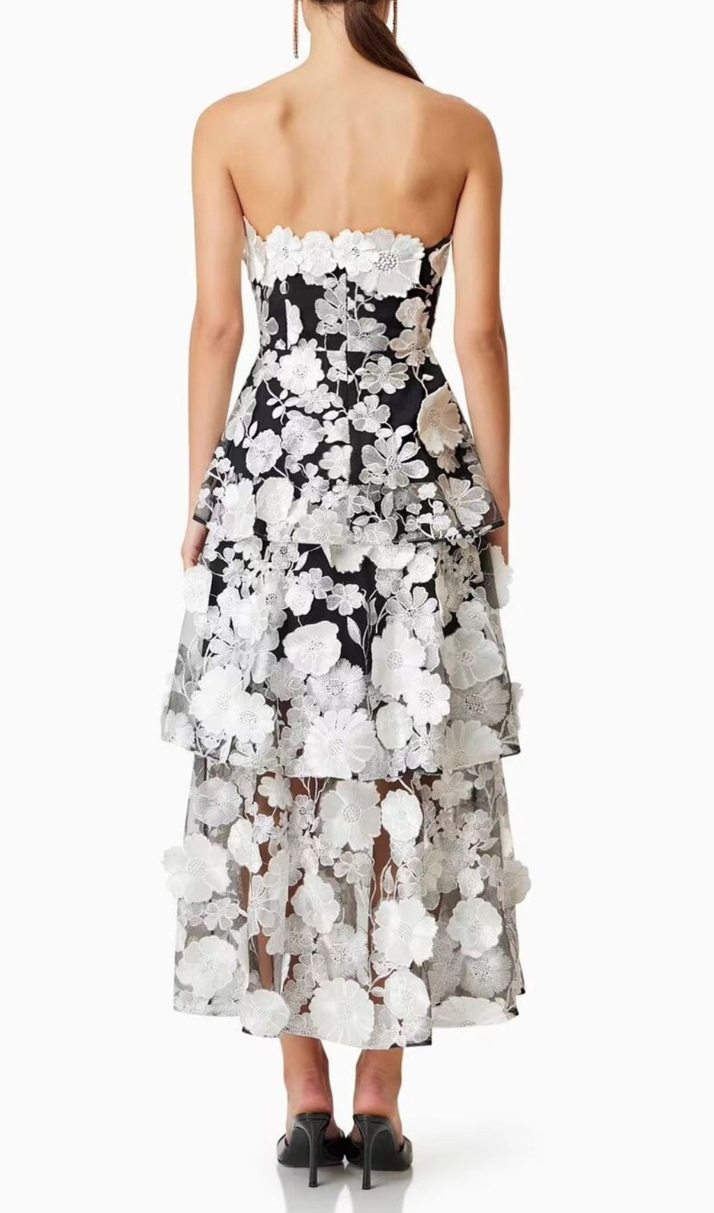 Dreamy 3D Floral Tiered Strapless Midi Dress