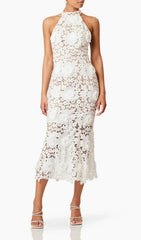 Etsu Elegant White Halter Midi Dress with 3D Floral Appliques