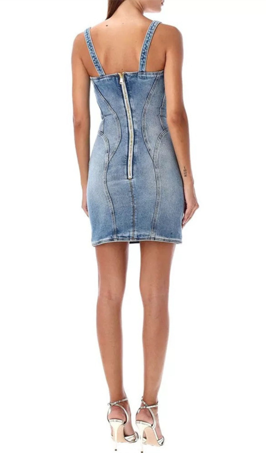 Figure-Flattering Gold-Tone Button Denim Mini Dress