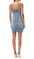 Figure-Flattering Gold-Tone Button Denim Mini Dress