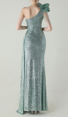 Ikia Emerald Sparkle One-Shoulder Sequin Maxi Dress with High Slit