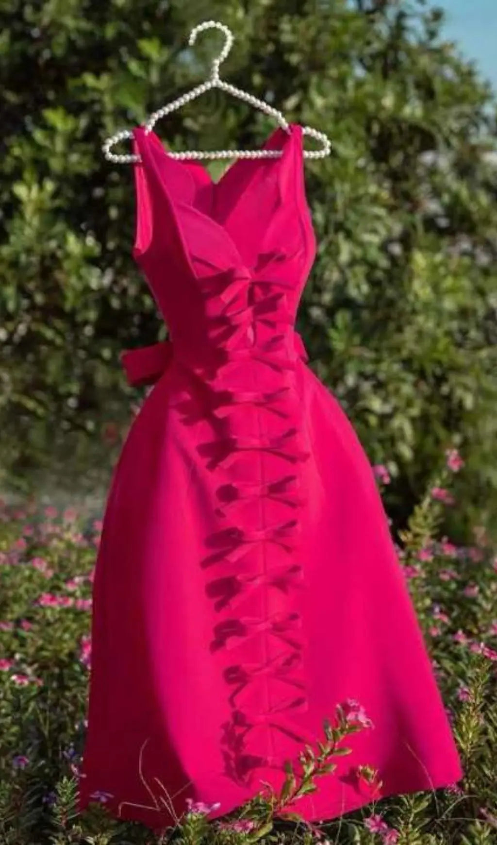 Chic Pink Bow-Front V-Neck A-Line Midi Dress