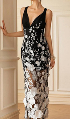 Eolande Black 3D Floral Applique V-Neck Maxi Dress