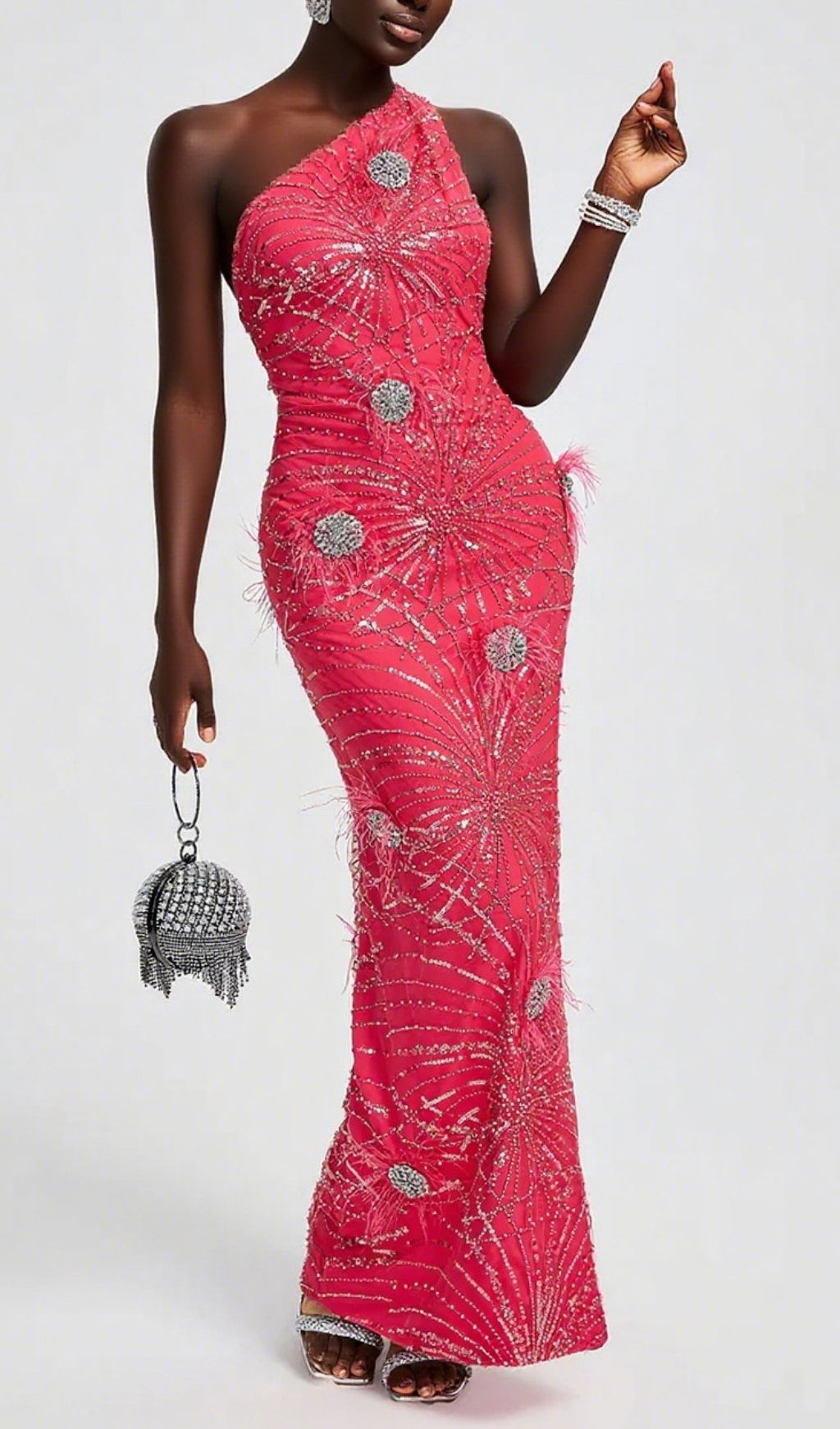 Hannes Dazzling Sequin & Feather One-Shoulder Maxi Gown