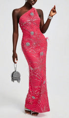 Hannes Dazzling Sequin & Feather One-Shoulder Maxi Gown