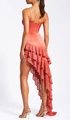 Alcina Coral Lace & Satin Corset Gown with Ruffle Slit