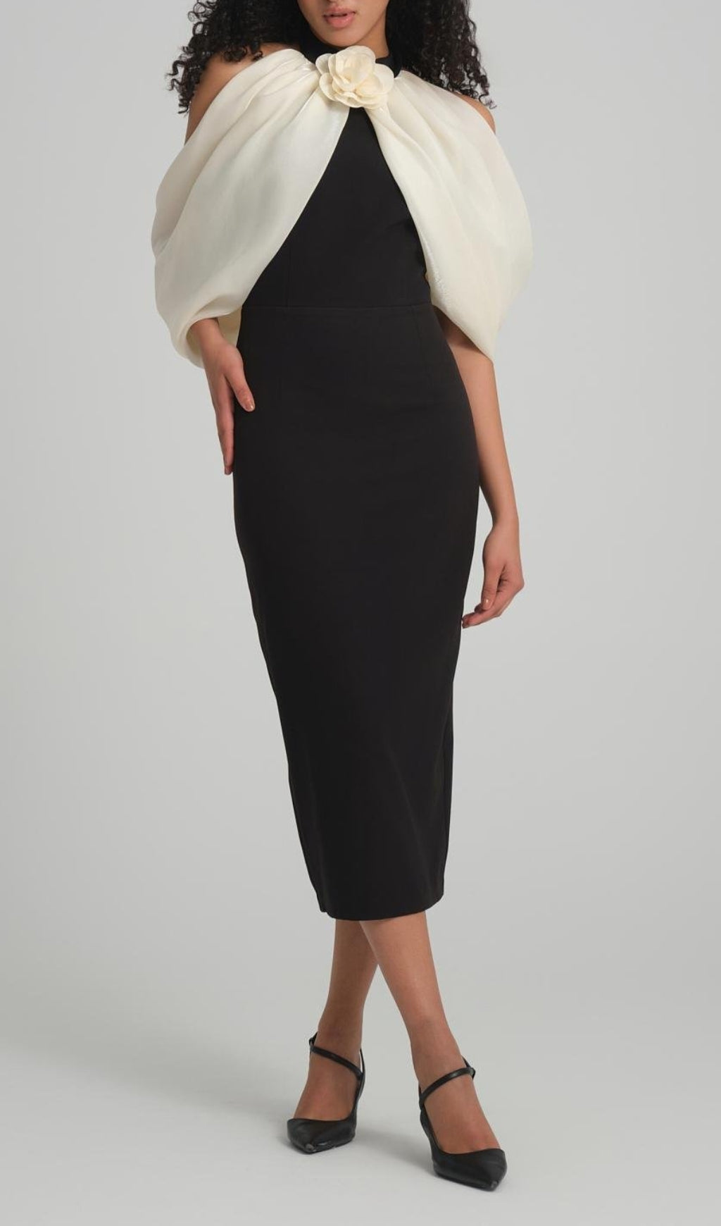 Bess Black Midi Dress with Elegant Off-Shoulder Floral Drape