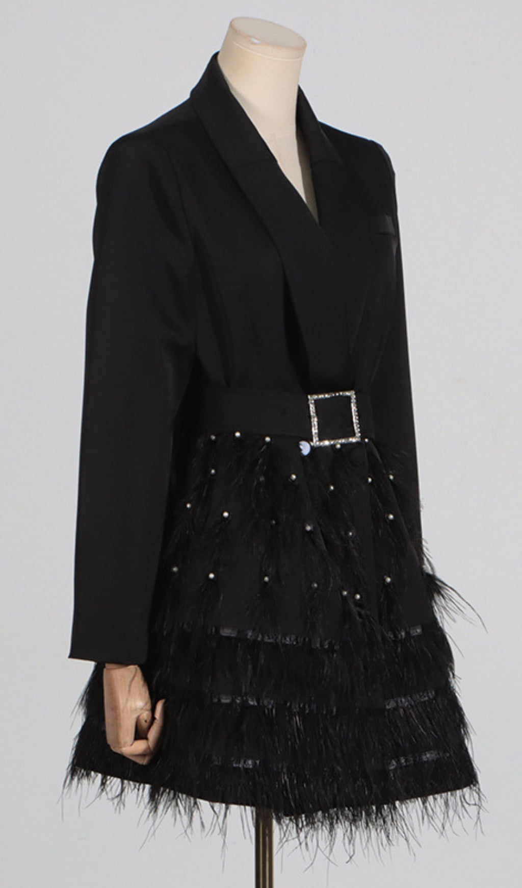 Caelia Luxe Black Feather Blazer Mini Dress with Diamante Belt