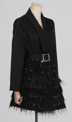 Caelia Luxe Black Feather Blazer Mini Dress with Diamante Belt