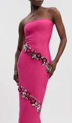 Fuchsia Pink Strapless Floral Sequin Bandage Maxi Gown