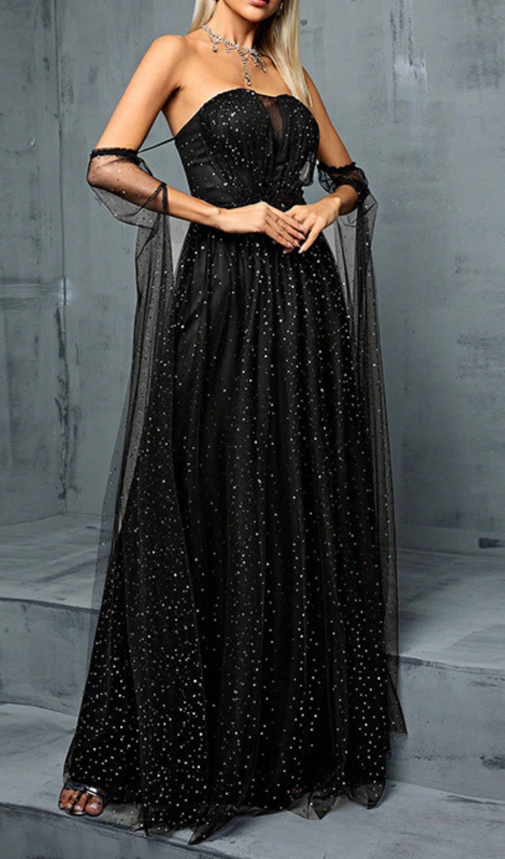 Darya Starry Night Black Sequin Slit Maxi Gown