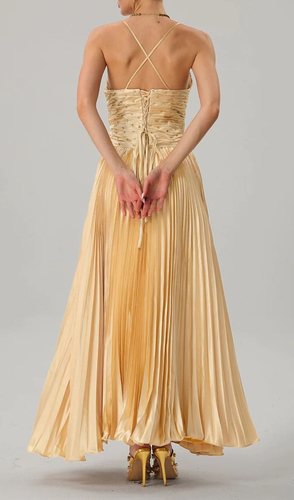 Jagtopo Elegant Champagne Gold Twisted Bodice Pleated Maxi Evening Gown