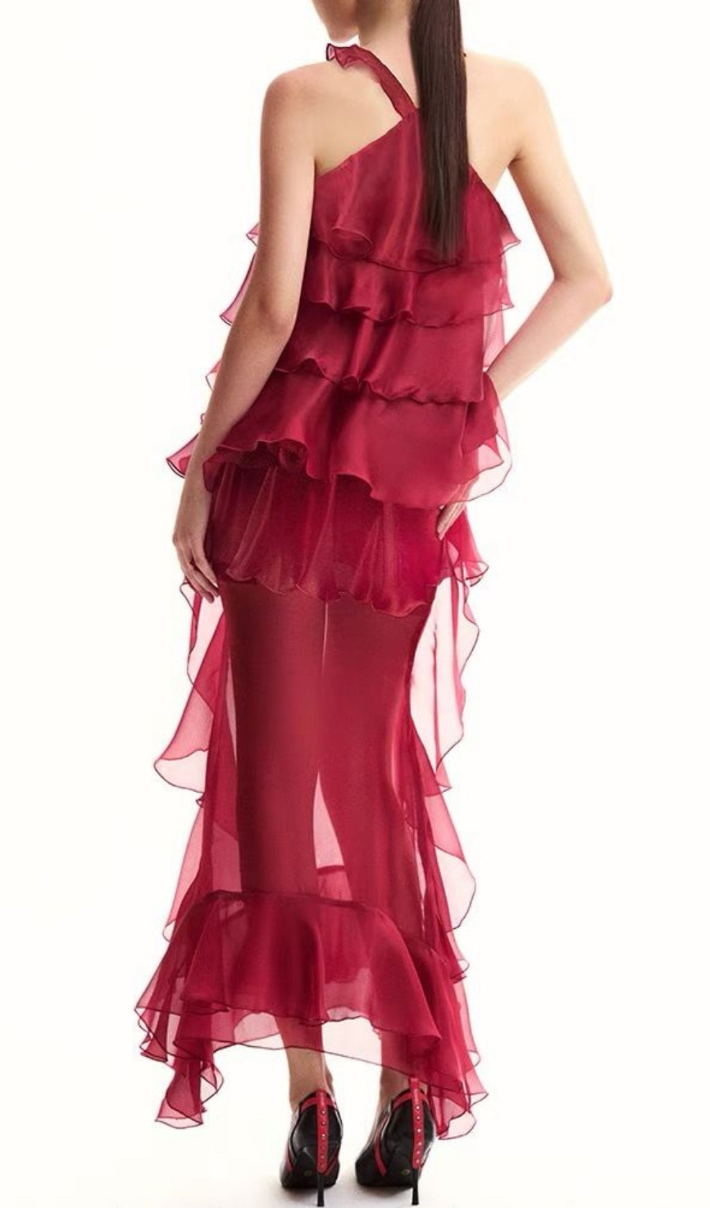 Eleri Red Ruffle Tiered Halter Maxi Dress