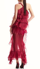 Eleri Red Ruffle Tiered Halter Maxi Dress