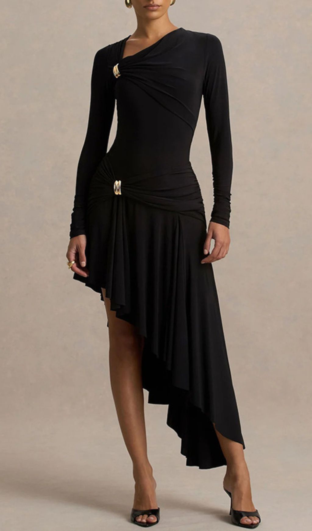 Nedelya Chic Black Asymmetrical Draped Midi Dress