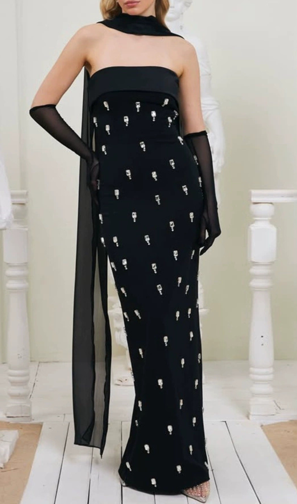 Genia Black Embellished Strapless Maxi Gown