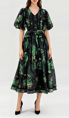 Indah Vibrant Floral Puff-Sleeve Midi Dress