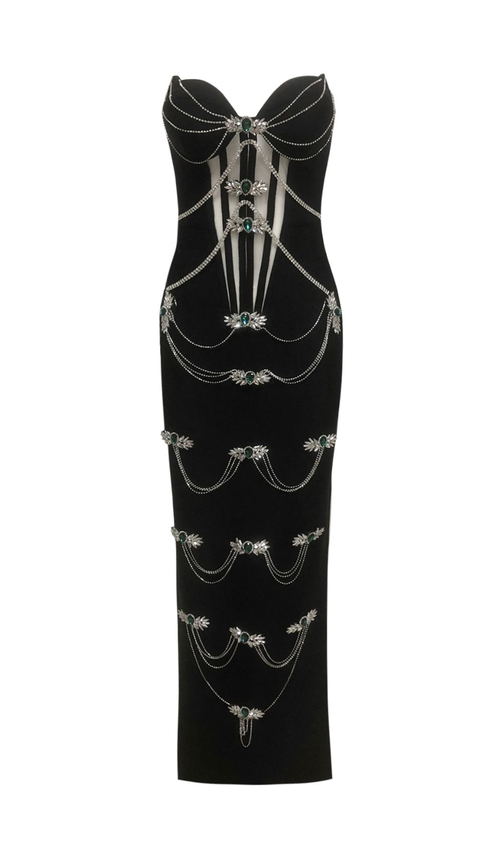 Fatima Black Emerald & Crystal Embellished Strapless Maxi Gown