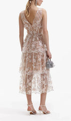 Eartha V-Neck Embroidered Sequin Midi Dress
