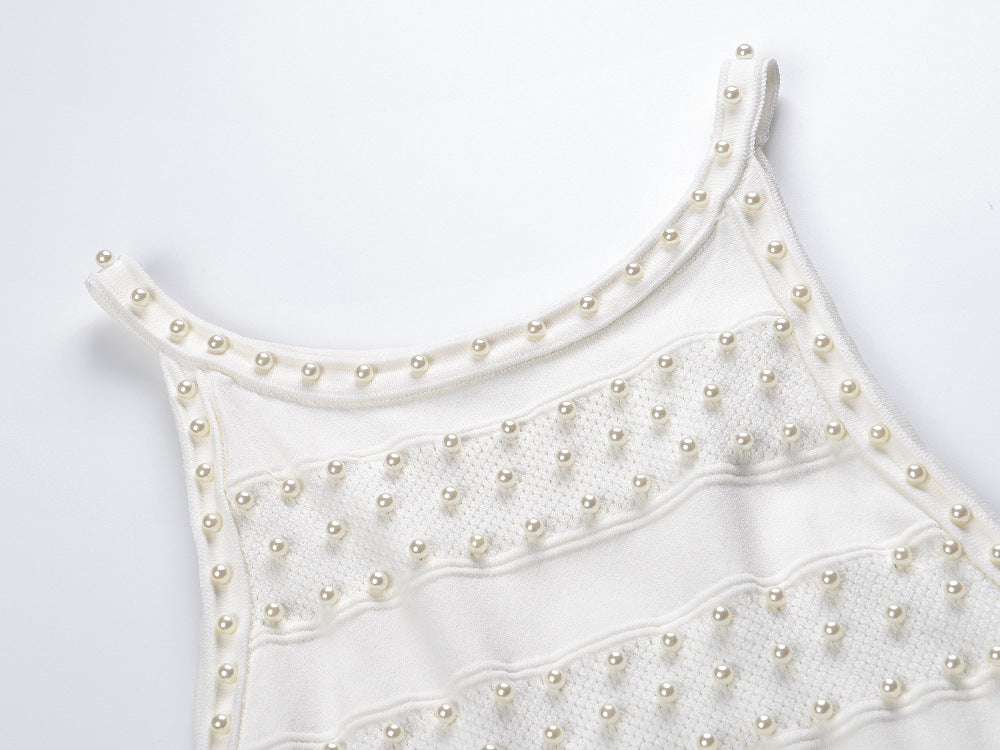 Elegant White Faux Pearl Beaded Midi Dress